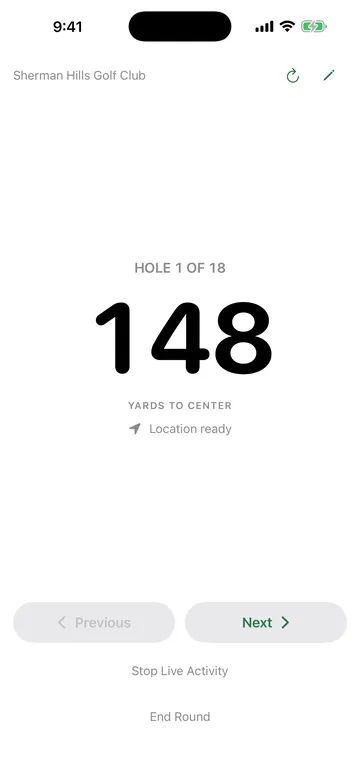 Yardage active round on iPhone: HOLE 1 OF 18, the number 148 in large type, YARDS TO CENTER, with Previous and Next buttons.