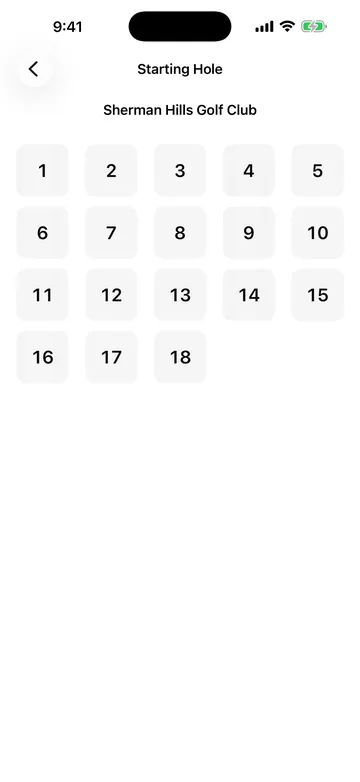 Yardage Starting Hole screen: a grid of holes 1 through 18.