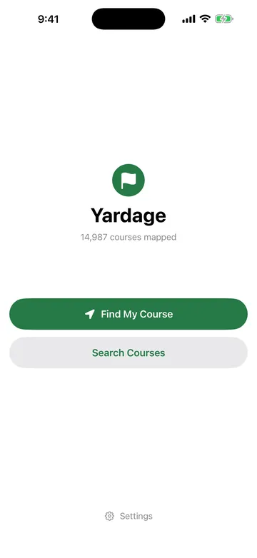 Yardage Start screen on iPhone: the Y mark, the wordmark, the mapped course count, and the Find My Course and Search Courses buttons.